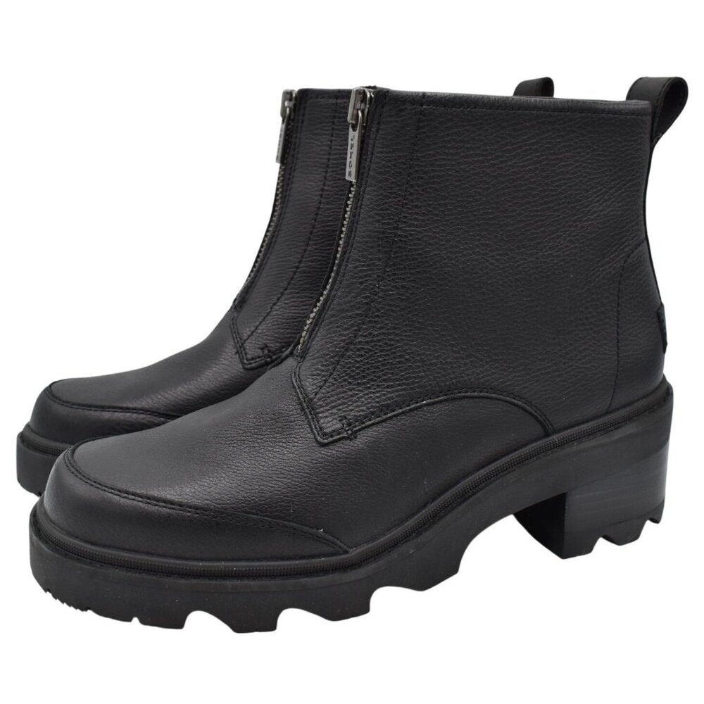 Sorel Women Size 10.5 Joan Now Zip Black Leather Waterproof Lugged Booties Boots